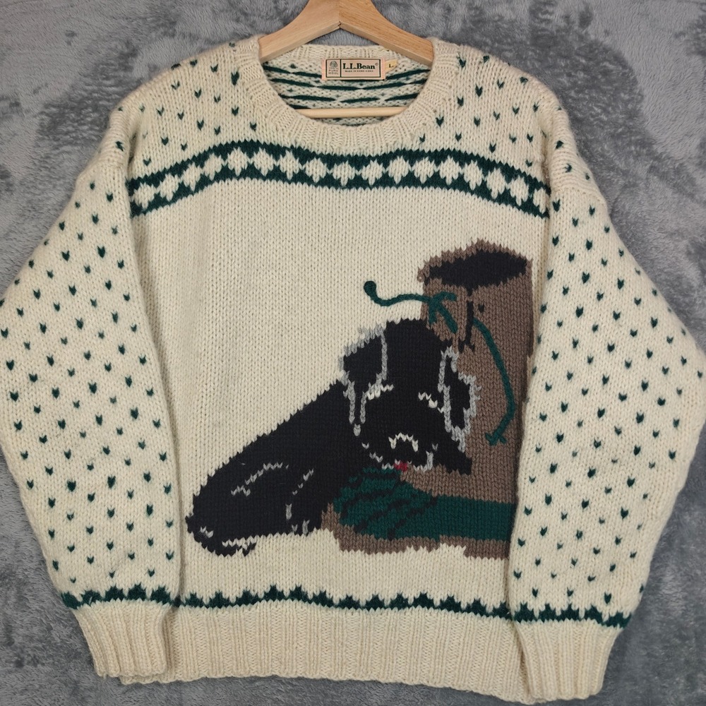 Vintage 80s LL Bean Wool Dog in Boot Sweater Mens L Fair Isle Crewneck Green VTG
